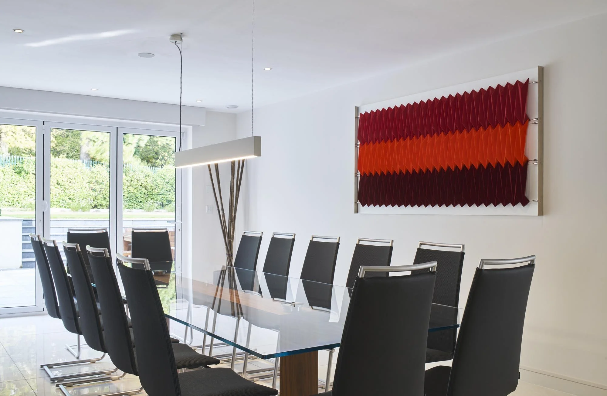 Tri-Colour No.2 – 2017 – folded, felted Tyvek, stainless steel cables, brushed steel brackets, white wooden board, 200 x 100 x 25cm