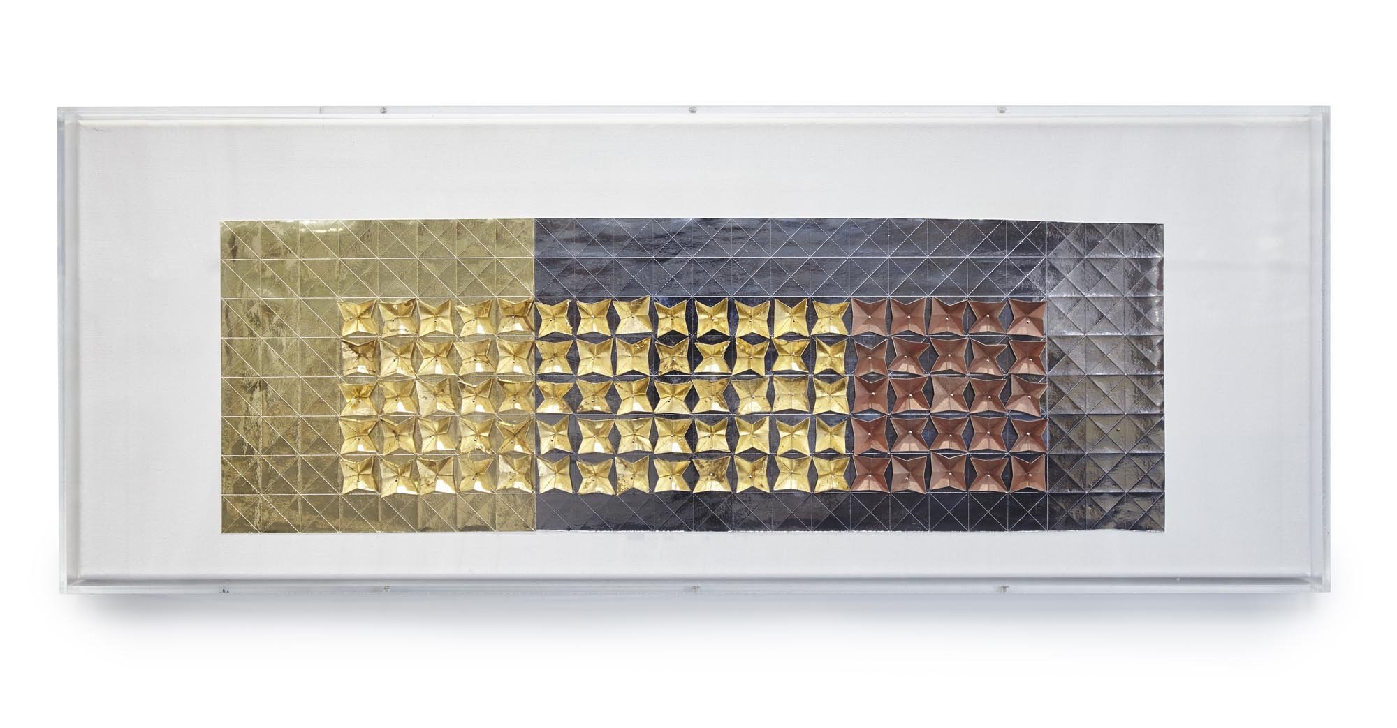 Pewter/Gold Mirri No.2 – 2019 – folded, scored Mirri paper, with stainless steel pins on painted canvas, 70 x 30 x 7cm 