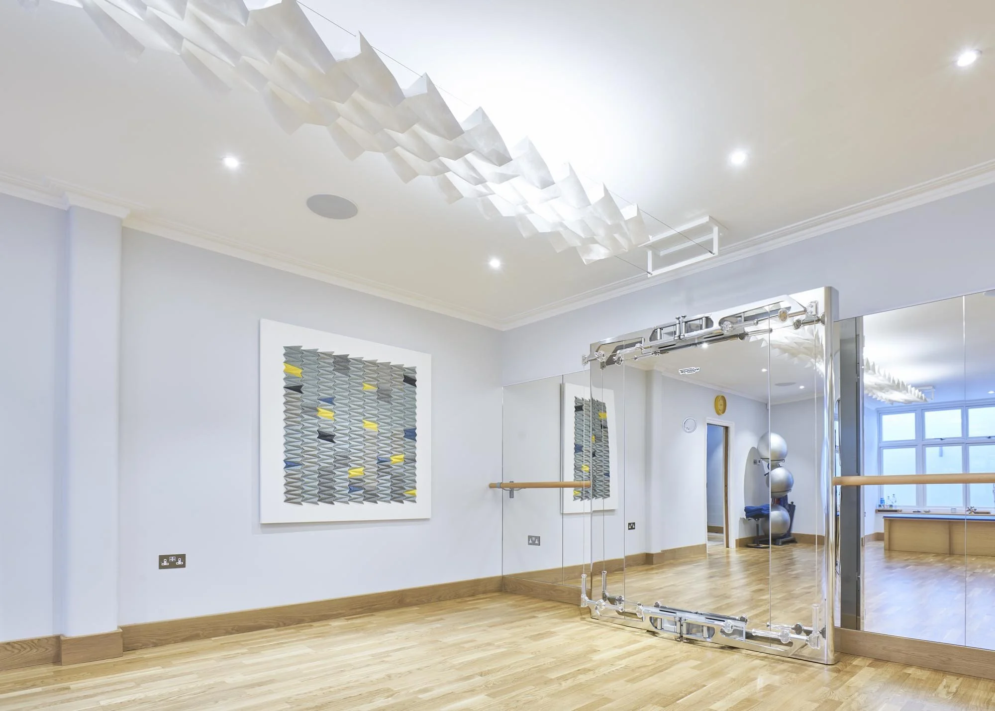 Felted Grey/Yellow No.2, folded felted Tyvek, white canvas, 130 x 130 x 5cm