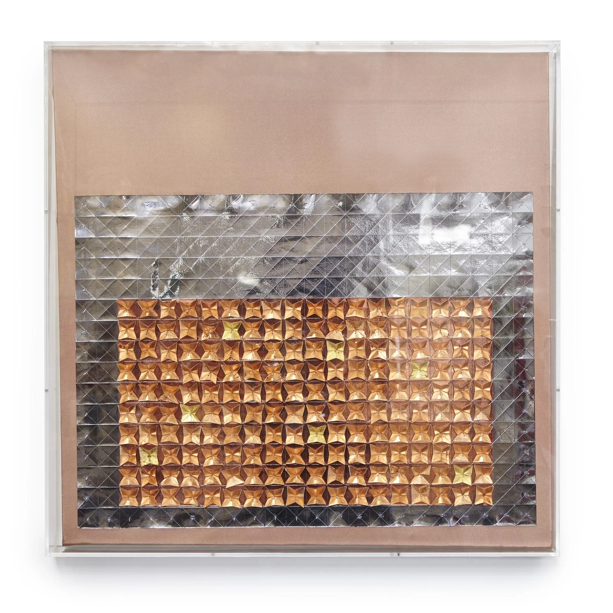 Pewter/Copper Mirri No. 1 – 2018 – folded, scored Mirri paper, with stainless steel pins on painted canvas, 60 x 60 x 7cm