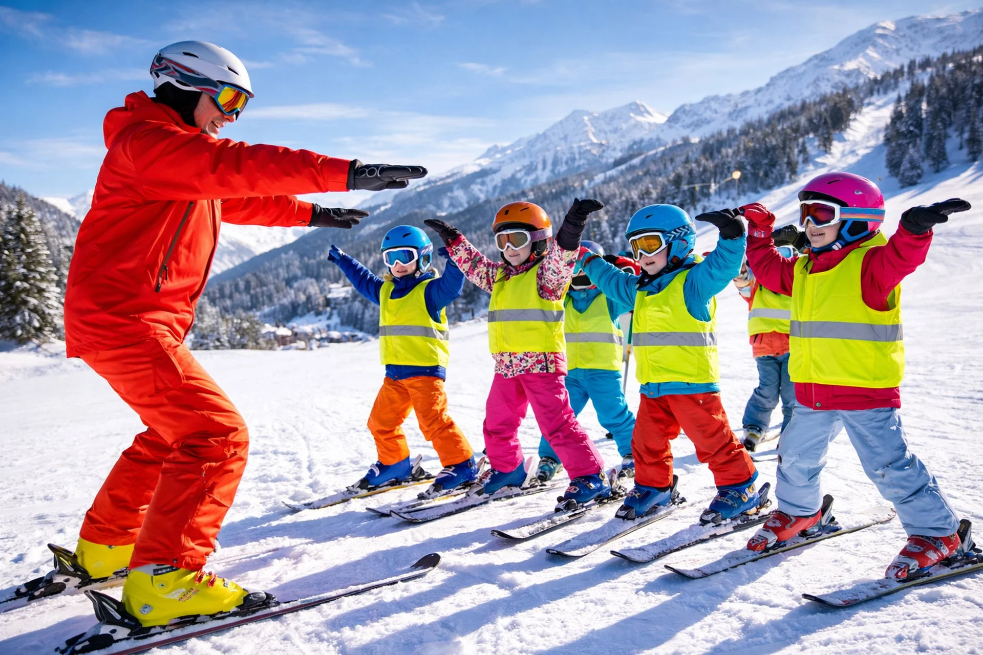 An instructor teaches a group of children how to ski on a snowy mountain with snow-covered trees and mountains in the background.