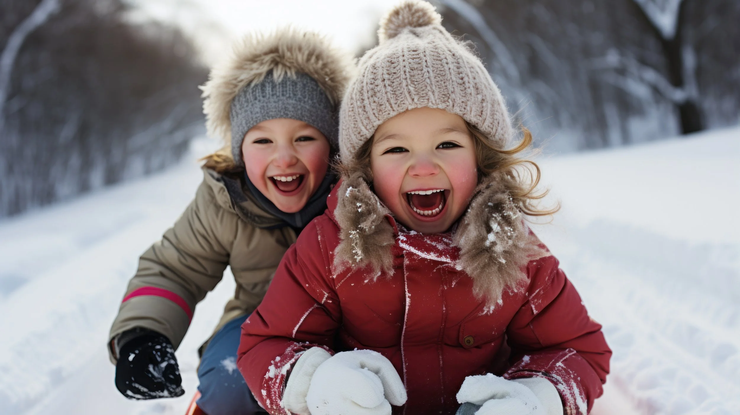 Two children, a boy and a girl, are playing outside in the snow. They are wearing winter coats, hats, and gloves, and are smiling happily.