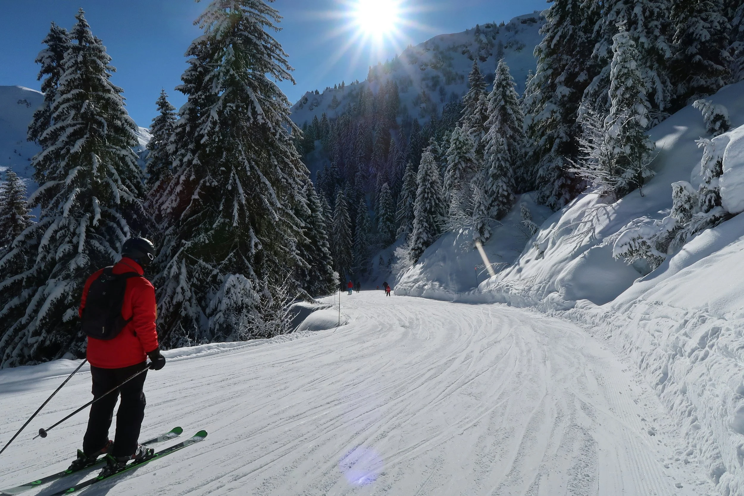 A skier in a red jacket and black helmet skiing on a snow-covered trail surrounded by snow-laden evergreen trees, with a mountain and clear blue sky in the background, and the sun shining brightly overhead.
