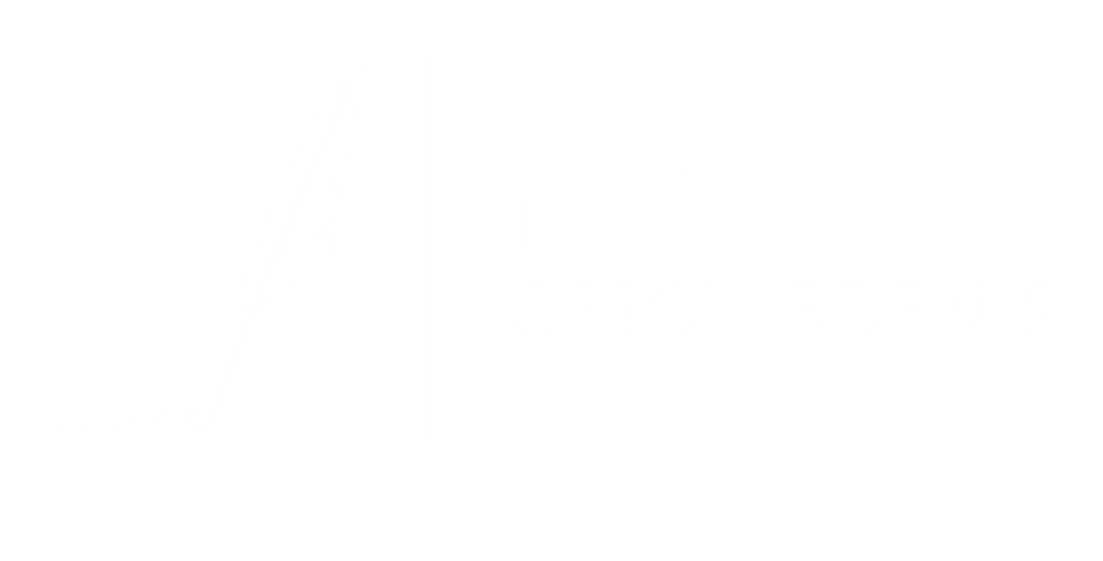 The logo of Marlot Geschiedenis features a stylized quill pen on the left and the text  AB MARLOT.GESCHIEDENIS BB on the right, with a black background.