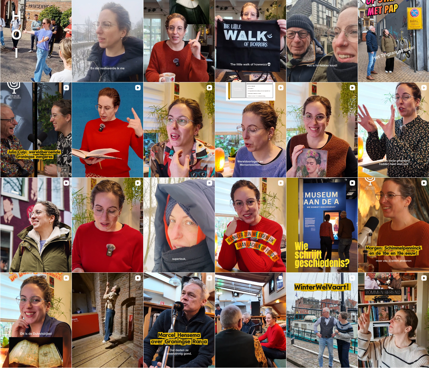 A collage of 24 photos capturing women in various indoor and outdoor settings, some speaking or gesturing, others smiling or interacting, with background elements such as graffiti, bookshelves, and cityscapes.