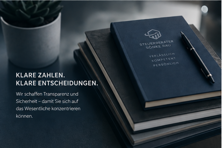 Notizbuch mit Logo, Slogan: Klare Zahlen. Klare Entscheidungen, Künstlich generiertes Bild