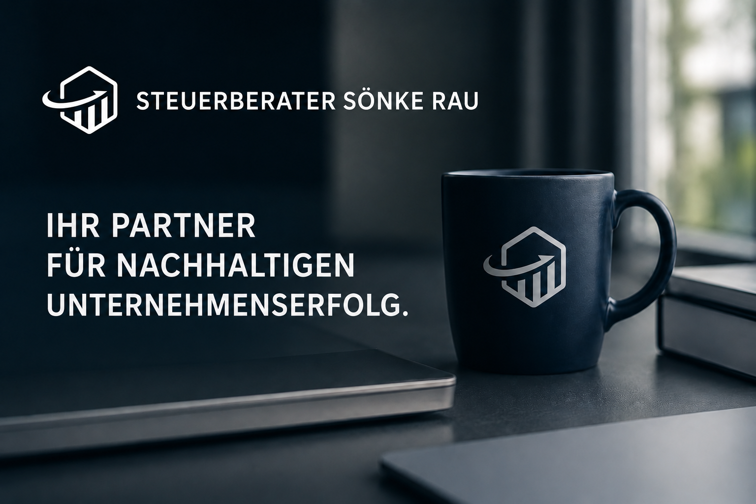 Tasse mit Logo, Slogan: Ihr Partner für Nachhaltigen Unternehmenserfolg, Künstlich generiertes Bild