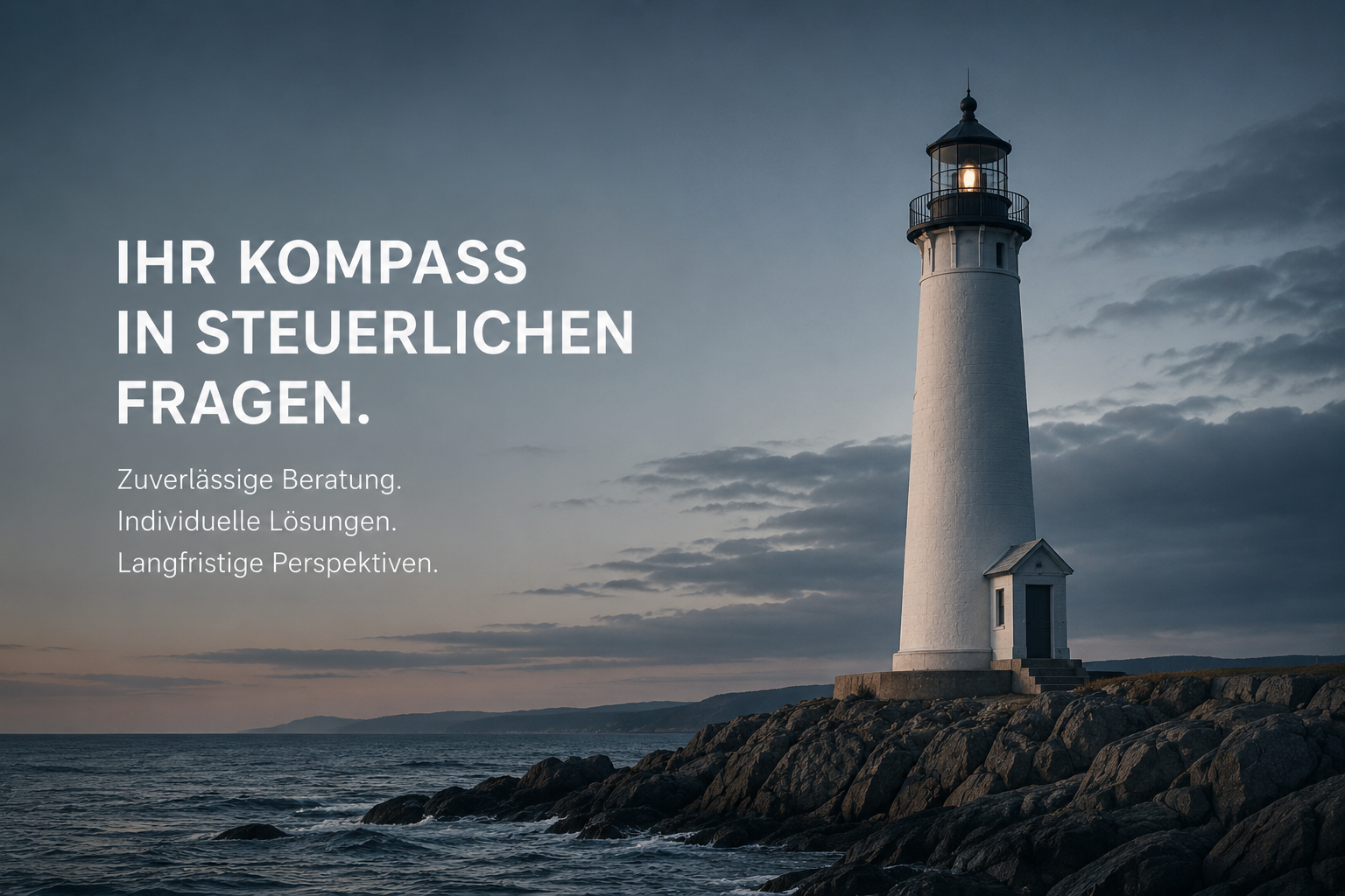 Leuchtturm an der Felsküste, Slogan : Ihr Kompass in steuerlichen Fragen. Künstlich generiertes Bild