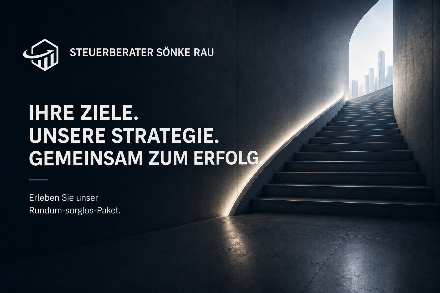 beleuchtete Treppe mit Slogan: Ihre Ziele. Unsere Strategie. Gemeinsam zum Erfolg. Künstlich generiertes Bild