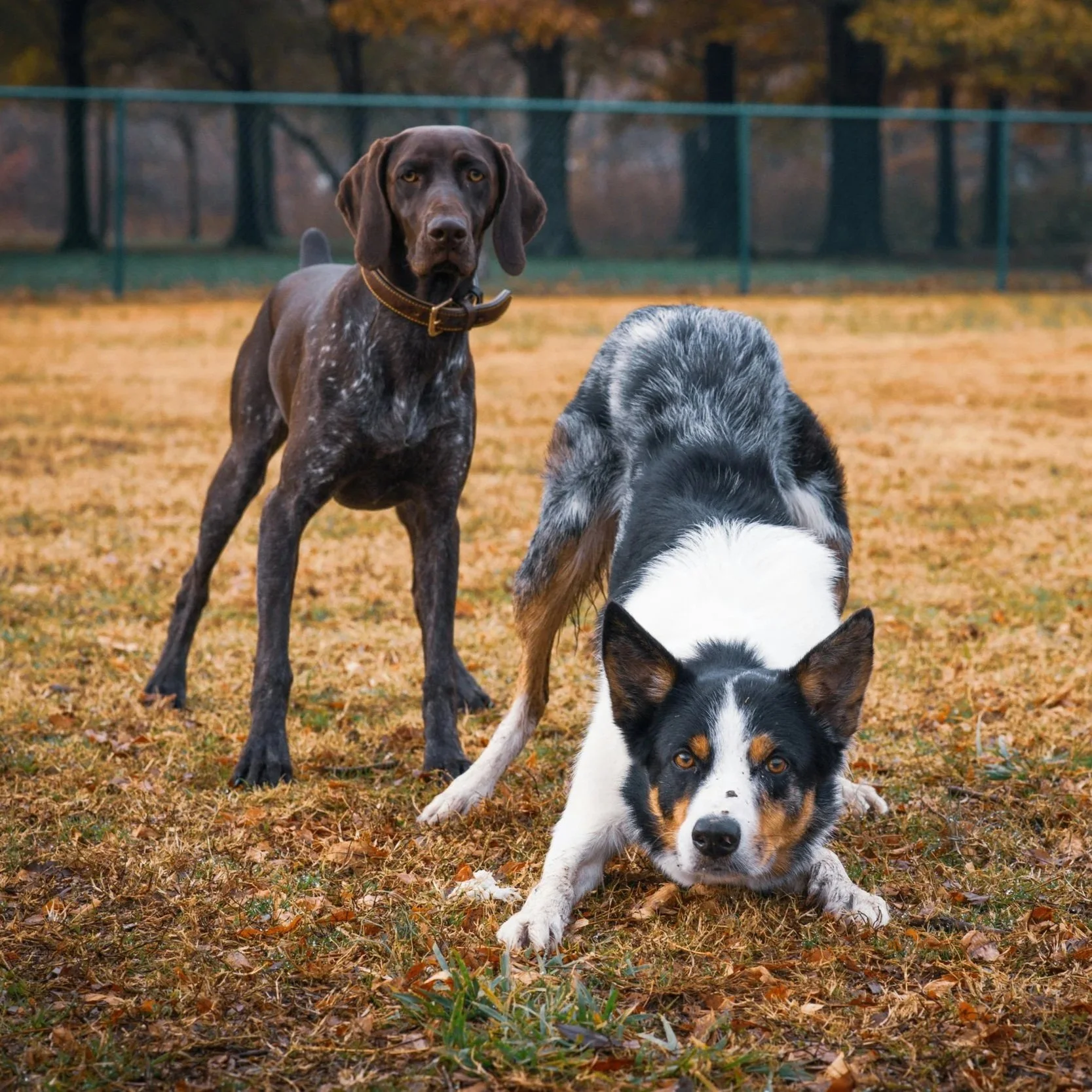 Twee honden op grasveld met herfstboombomen op achtergrond, een doggystyle en een ander wachtend.