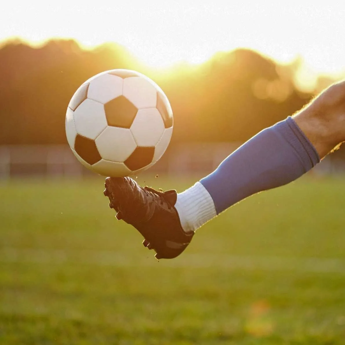 A soccer player kicking a soccer ball on a green field with trees and sunset in the background.