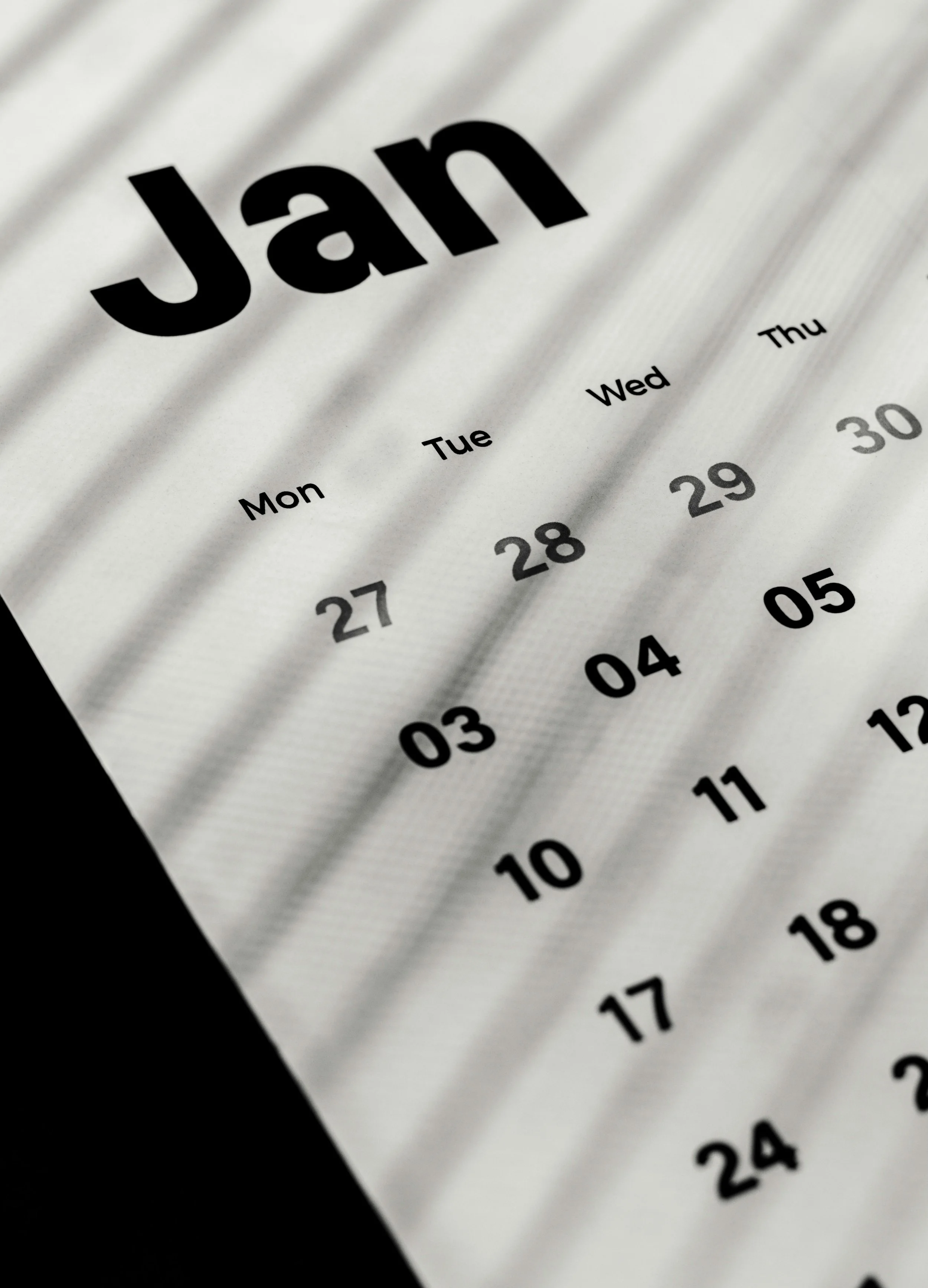 Close-up of a calendar page showing the month of January, with days numbered and weekdays labeled from Monday to Sunday.