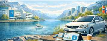 A scenic landscape with a body of water, mountains in the background, and modern buildings along the shoreline. In the foreground, a silver car is parked, with a coffee cup and tablets on a table nearby.