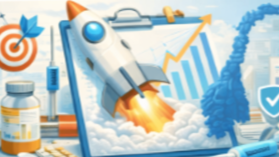 Illustration of a rocket launching with financial growth charts, a target with an arrow, medicine, and a DNA strand, symbolizing success and progress in science and healthcare.