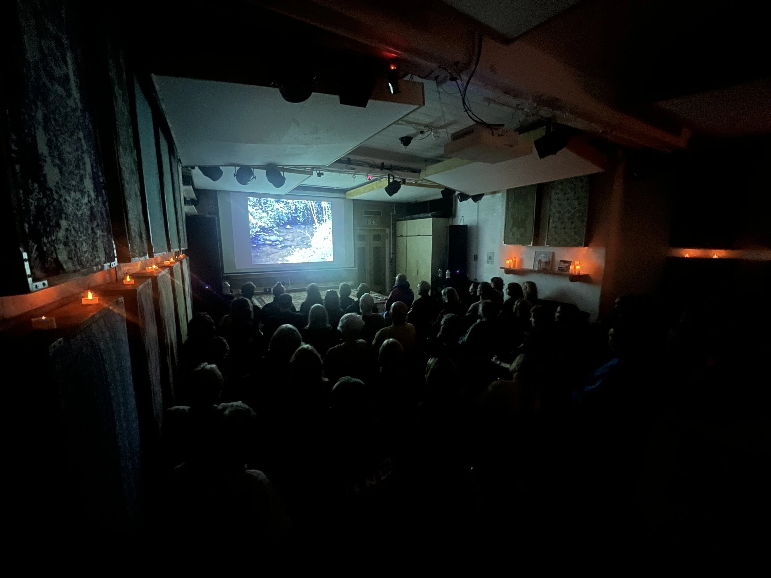 People watching a movie in a dimly-lit indoor theater with a nature scene projected on the screen, candles placed along the walls.