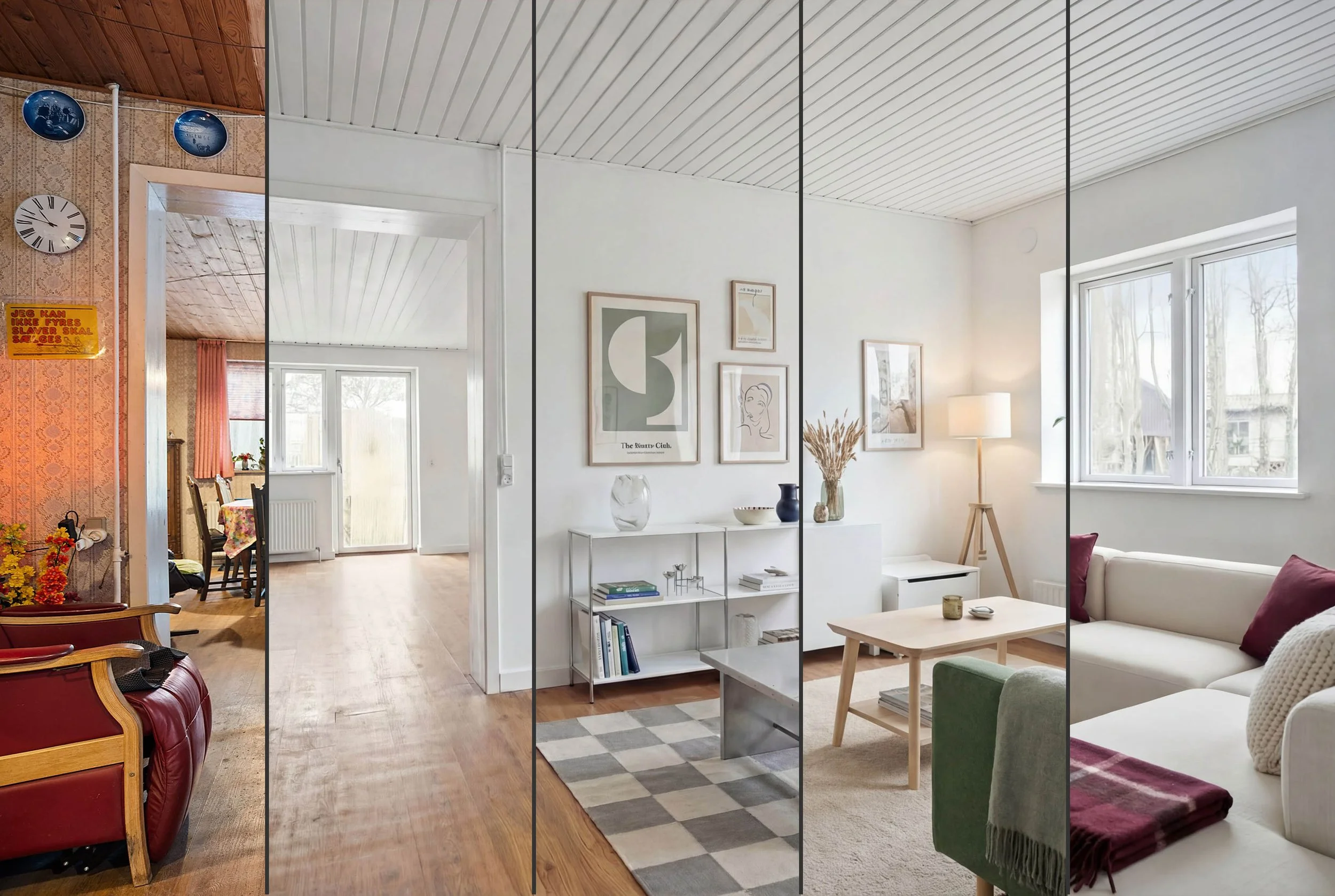 A multi-paneled collage of indoor rooms, showing a cozy living space with wall art, a floor lamp, and large windows, and a dining area with a table and chairs, decorated in a modern style with natural light.