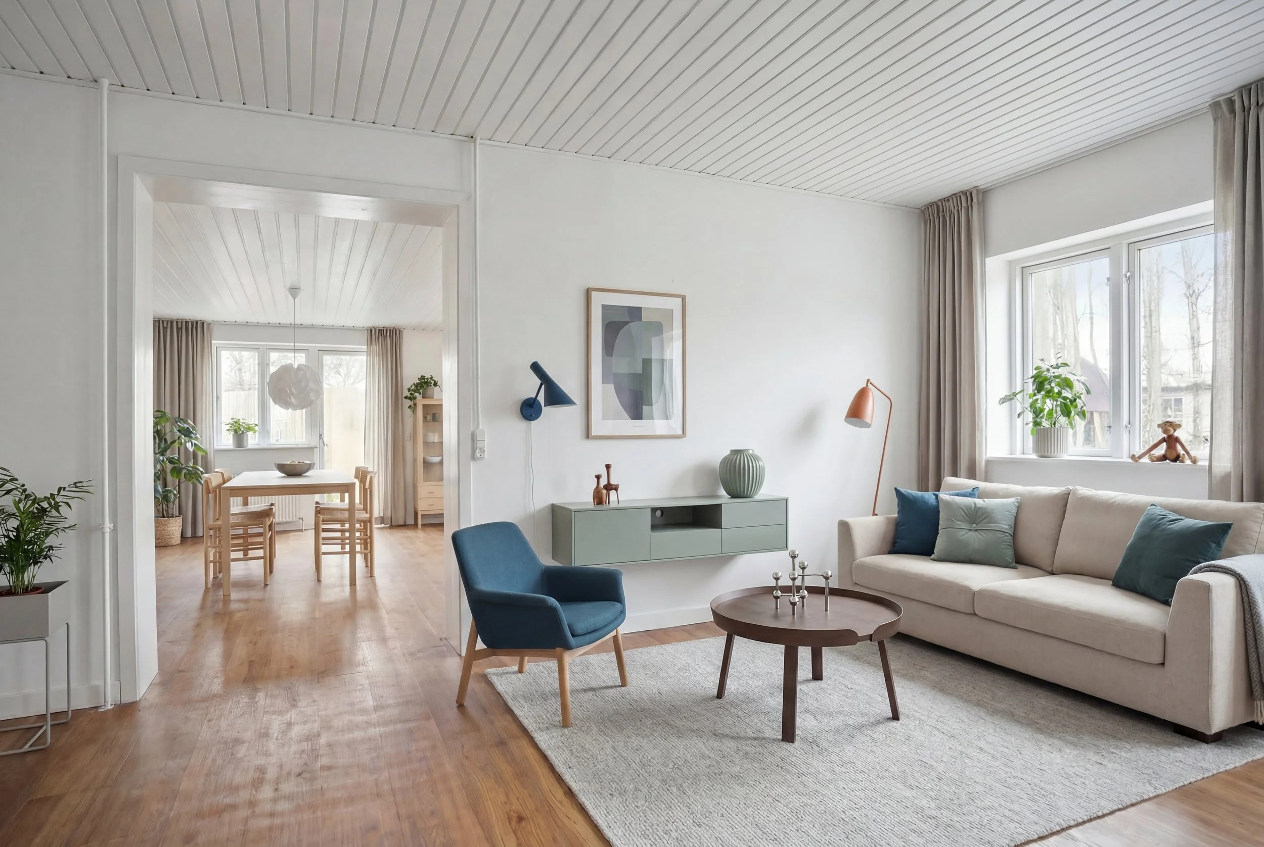 Living room with beige sofa, blue accent chair, paintings, plants, and large windows letting in natural light.