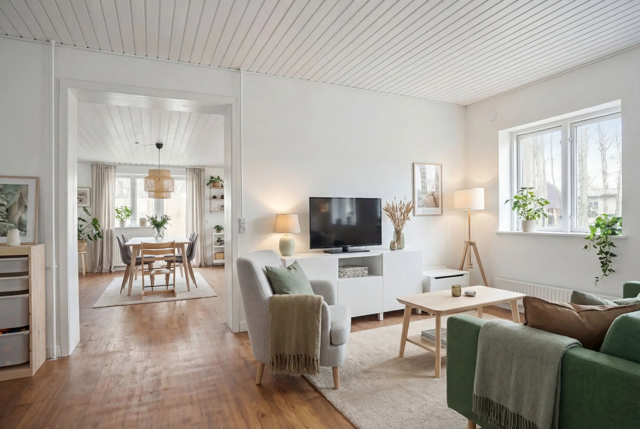 Bright living room with large windows, white walls, wooden floors, and modern furniture, including a green armchair, white sofa, and a TV.
