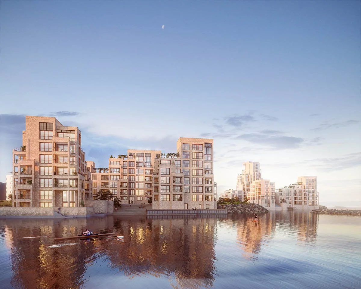 Modern apartment buildings by the water with a person kayaking in the foreground, under a partly cloudy sky at sunset.