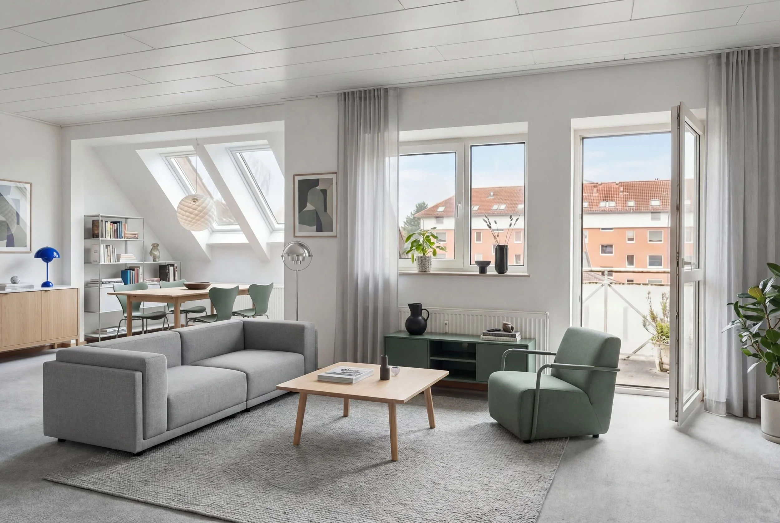 Living room with large windows, gray sofa, green armchair, wooden coffee table, and a patterned rug. Decor includes plants, art, and modern lighting.