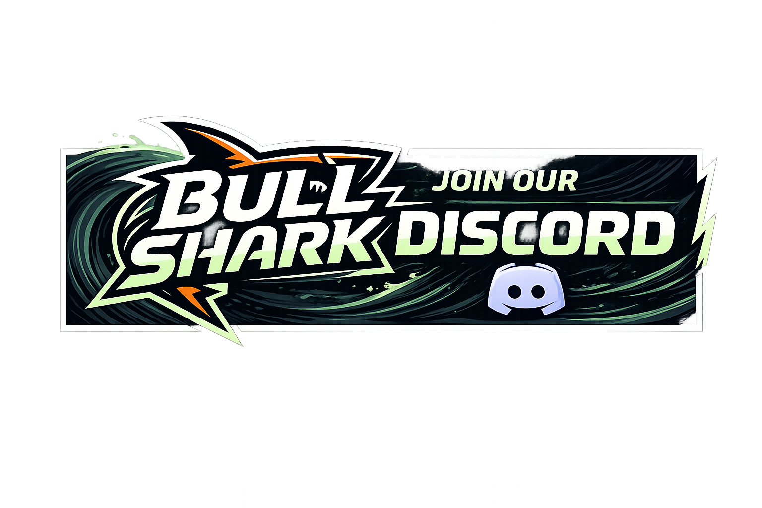 A digital banner promoting joining a Discord server for Bull Shark gaming community. The banner features bold, stylized text with the Bull Shark logo and the Discord icon on a dark, swirling background.