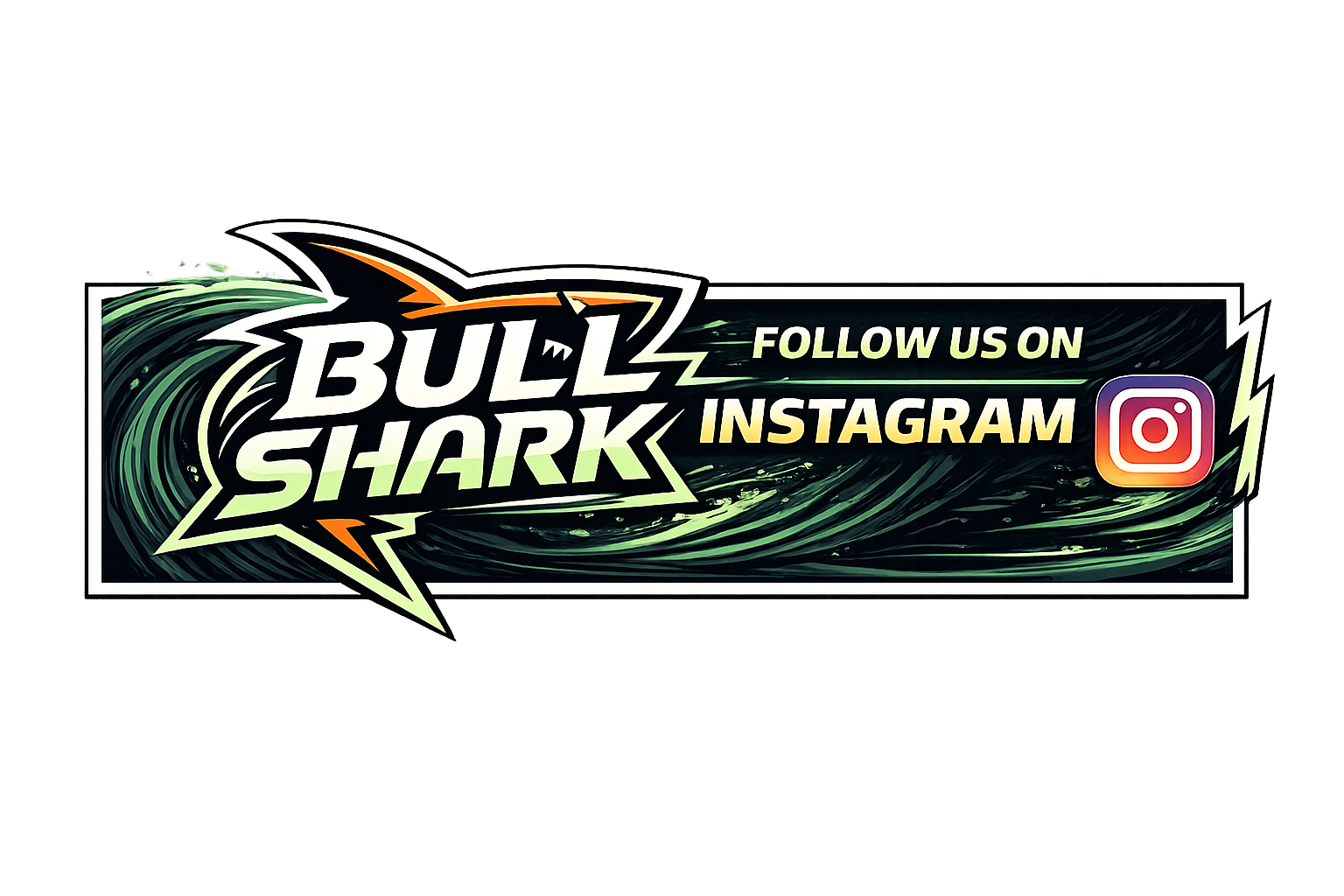 A promotional graphic encouraging viewers to follow the Instagram account 'Bull Shark' with the Instagram logo and text in bold letters.