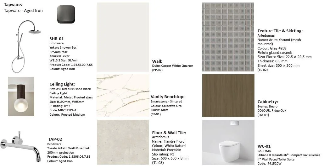 Snippet of the Elwood Project ensuite bathroom material selections, showing curated finishes, cabinetry, and fixture choices.