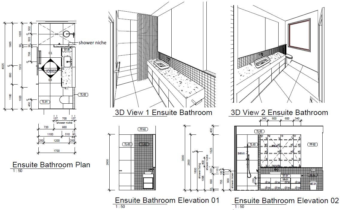 Elwood Project ensuite bathroom plans and elevations snippet, showing layout, fixture placement, and design details.