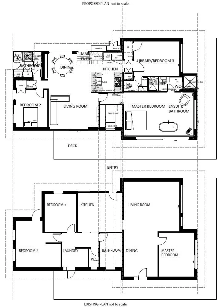 Comparison of existing and proposed floorplans for a Country Victoria residence, illustrating the redesign and improved flow
