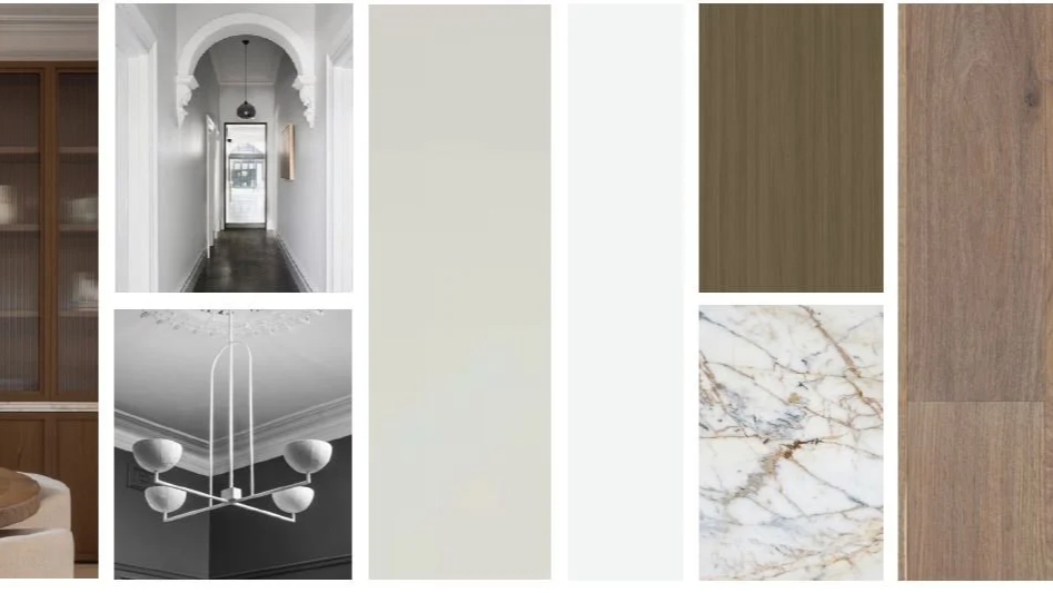 Material, colour, and finish palette for the Elwood Project, selected to unify and guide the design of the entire home