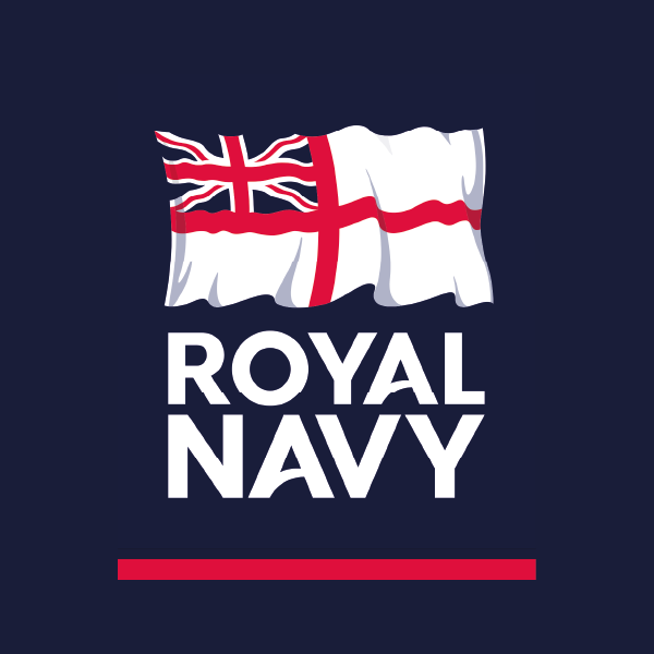 Illustration of the Royal Navy logo with a waving Union Jack flag and the text 'Royal Navy' below, on a navy blue background.