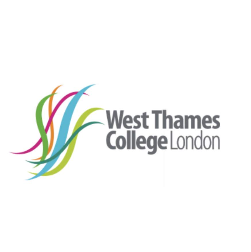 Colorful abstract lines next to the text 'West Thames College London' on a white background.