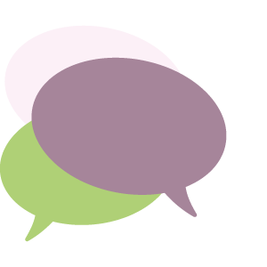 Kolme eriväristä piirrettyä puhekuplaa asetettuna limittäin.