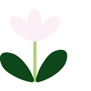 Yksinkertainen piirrettu kuva vaaleanpunaisesta pienestä kukasta, vihreästä varresta ja lehdistä