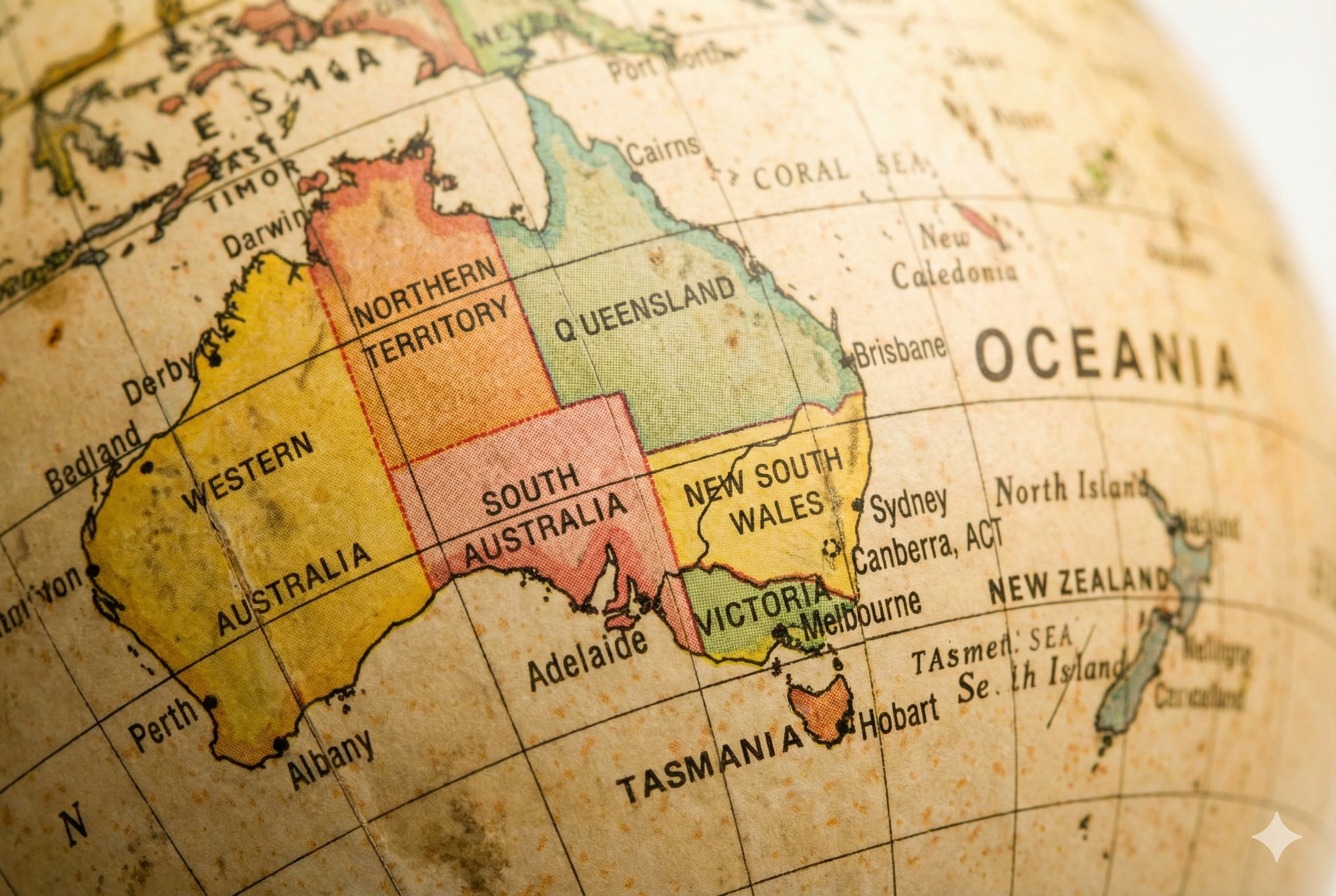 Close-up view of an antique-style globe highlighting the continent of Australia and the Oceania region.