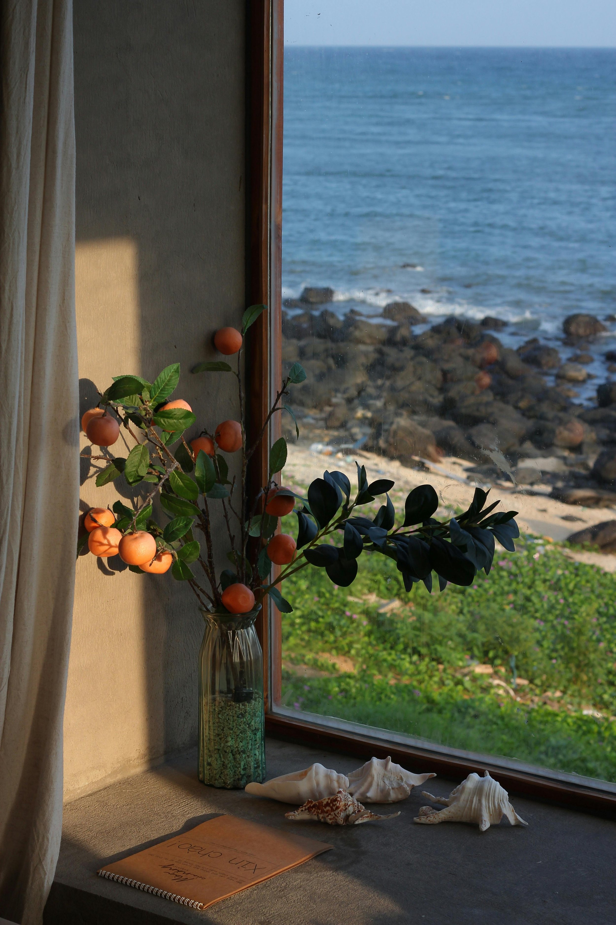 A view from a window with a flower arrangement in a glass vase on a windowsill, seashells, and a notebook, overlooking a rocky coastline and the ocean.