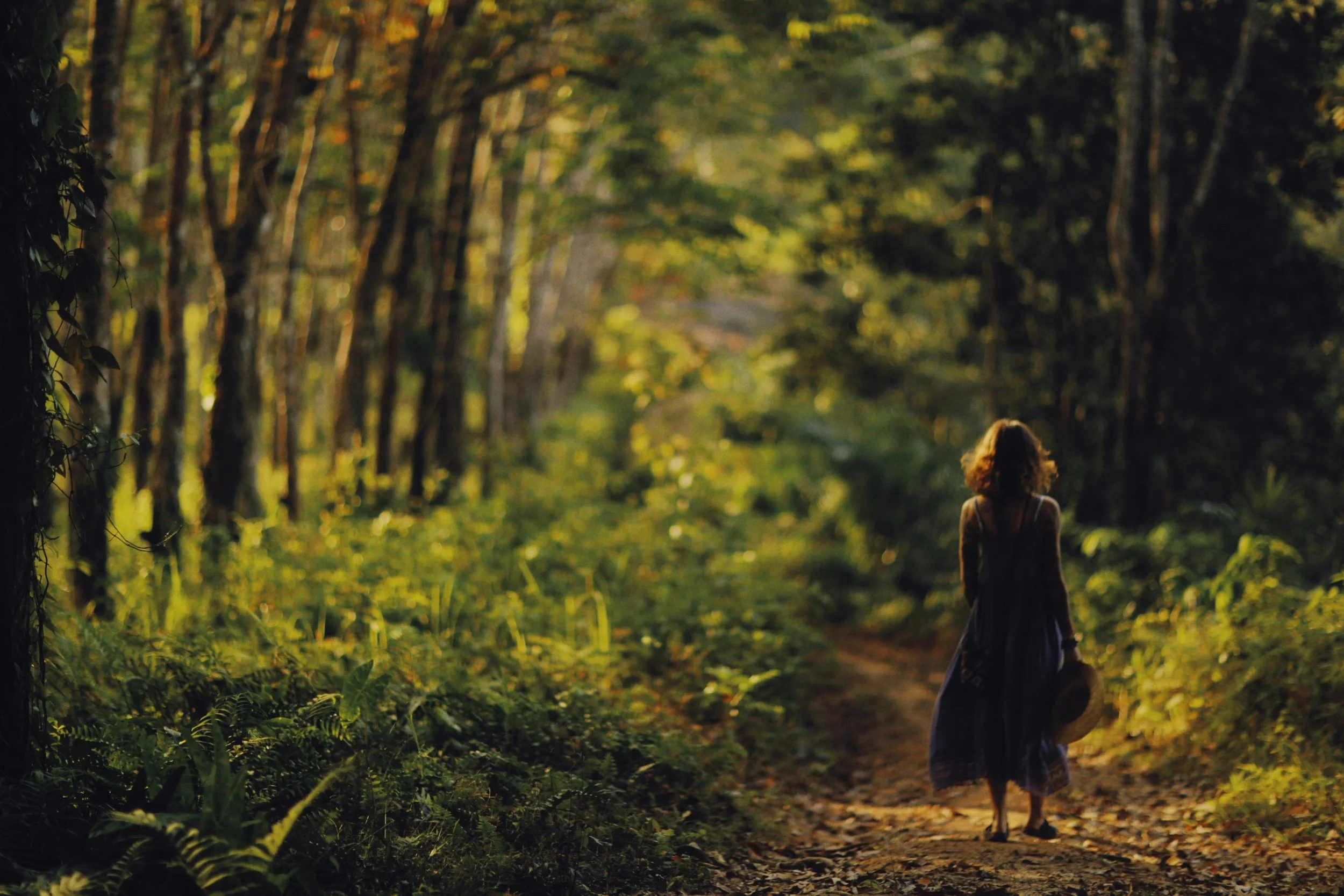 A woman walking along a forest trail during sunset, carrying a hat, with sunlight filtering through the trees who is getting menopause symptoms and is looking for menopause coaching.