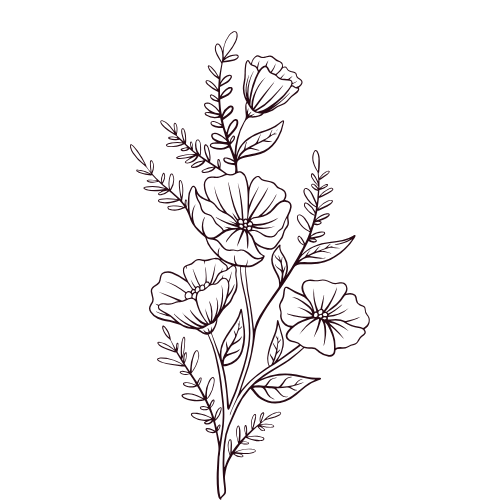 Line drawing of flowers and leaves on a black background.