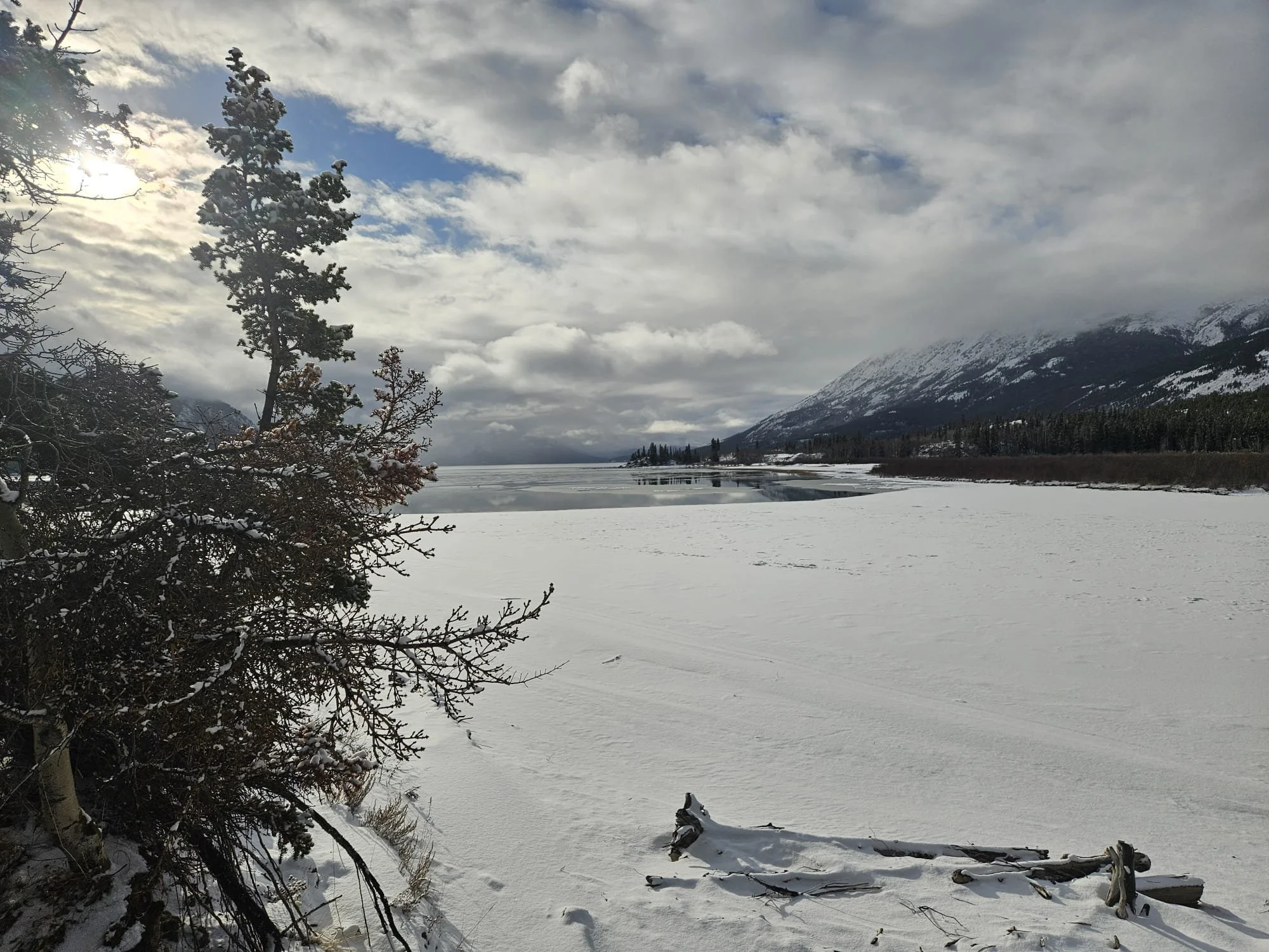 Paysage hivernal typique du Yukon, avec un lac gelé, des montagnes enneigées en arrière-plan, et des arbres couverts de neige.