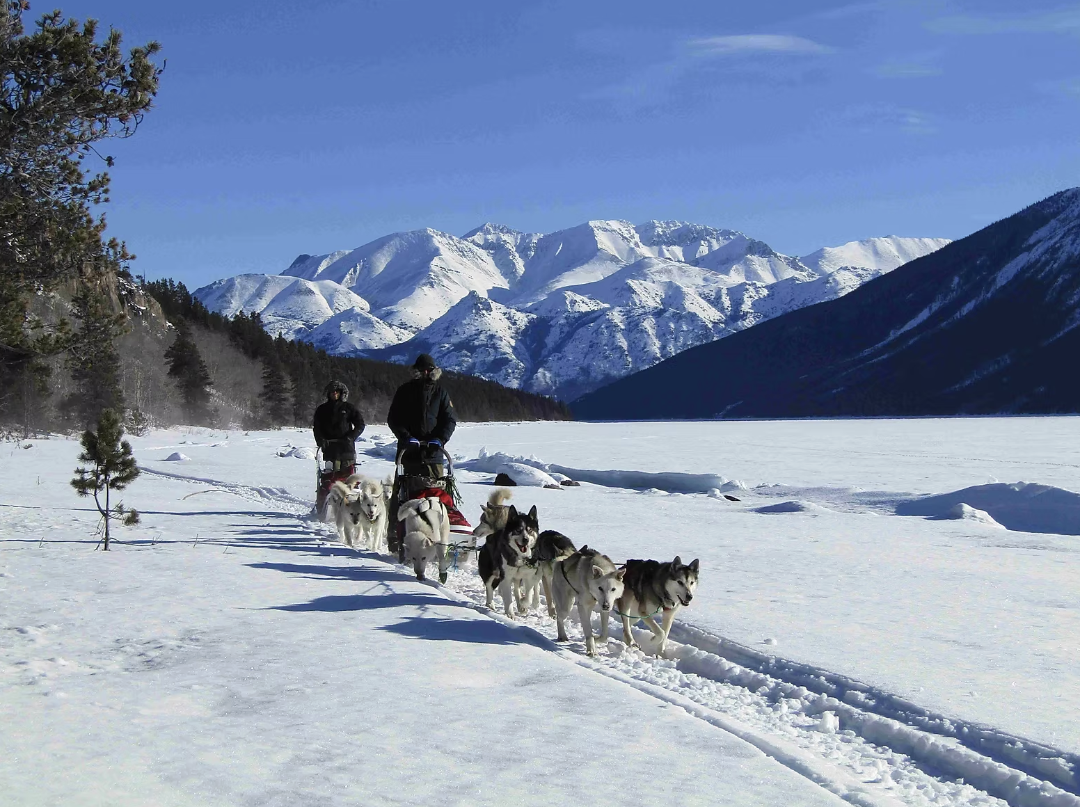 Deux personnes faisant une promenade en traîneau à chiens dans un paysage enneigé avec des montagnes et un lac gelé en fond.