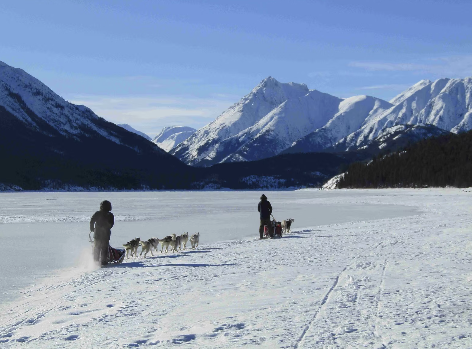 Deux personnes faisant de la traîne à chiens dans un paysage enneigé avec des montagnes couvertes de neige en arrière-plan et un lac gelé en premier plan.