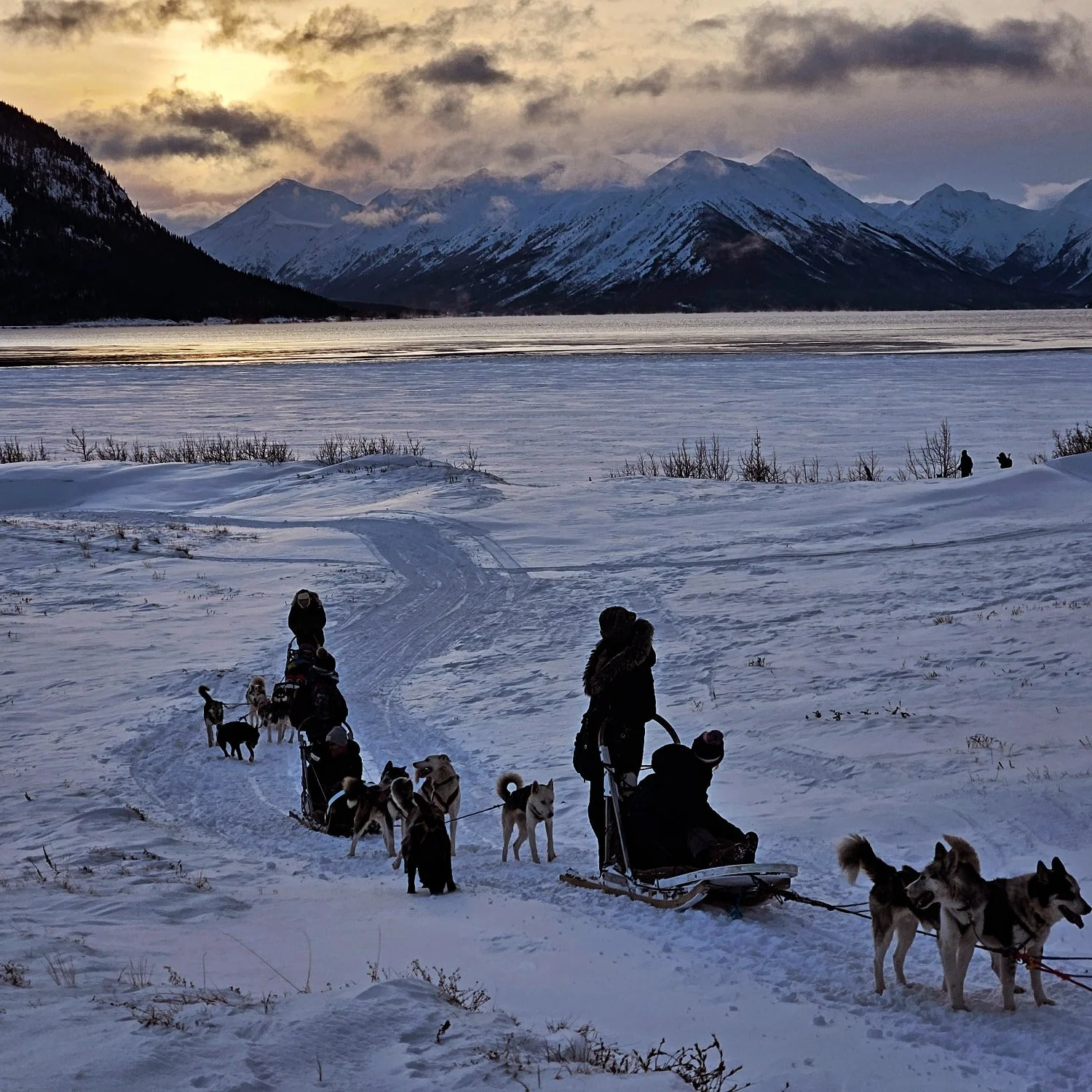 Une scène hivernale typique du crépuscule au Yukon avec des montagnes enneigées à l'arrière-plan, un lac gelé et un ciel nuageux avec un coucher de soleil qui diffuse une lumière douce.