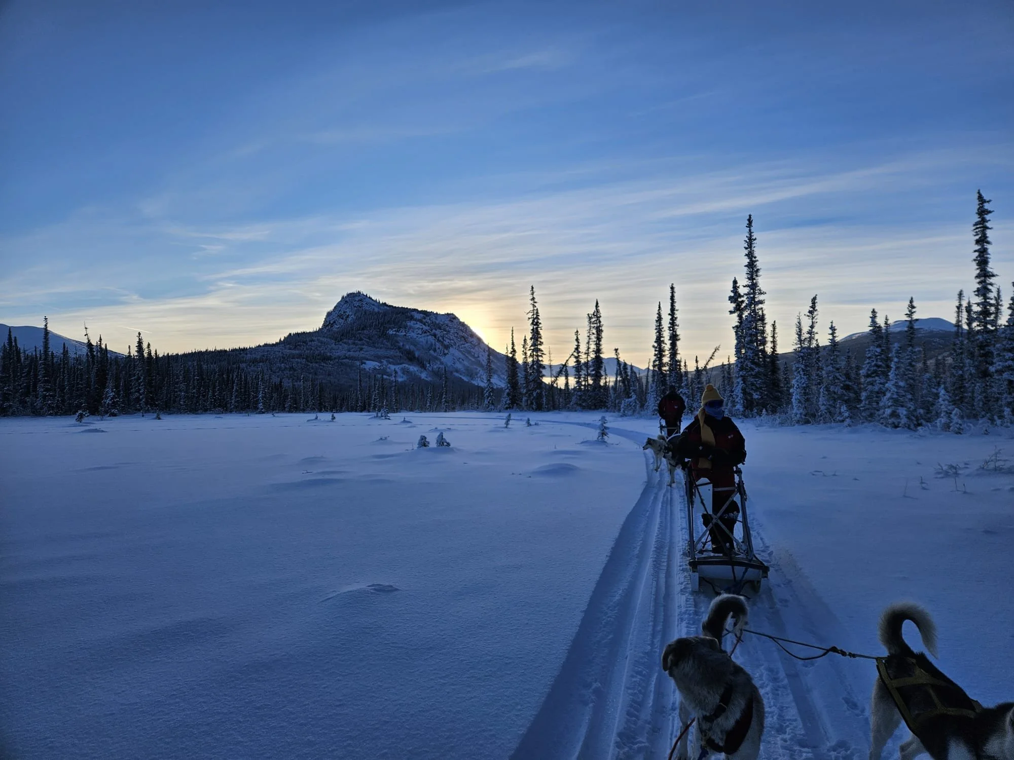 Un paysage de montagne enneigée avec des arbres, le soleil couchant derrière une montagne, et des personnes avec un chien qui font du traîneau à chiens à la nuit tombée lors d'une expédition de plusieurs jours dans le Yukon au Canada.