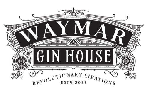 Logo for Waymar Gin House with decorative black and white design and text indicating Revolutionary Libations, established 2022.