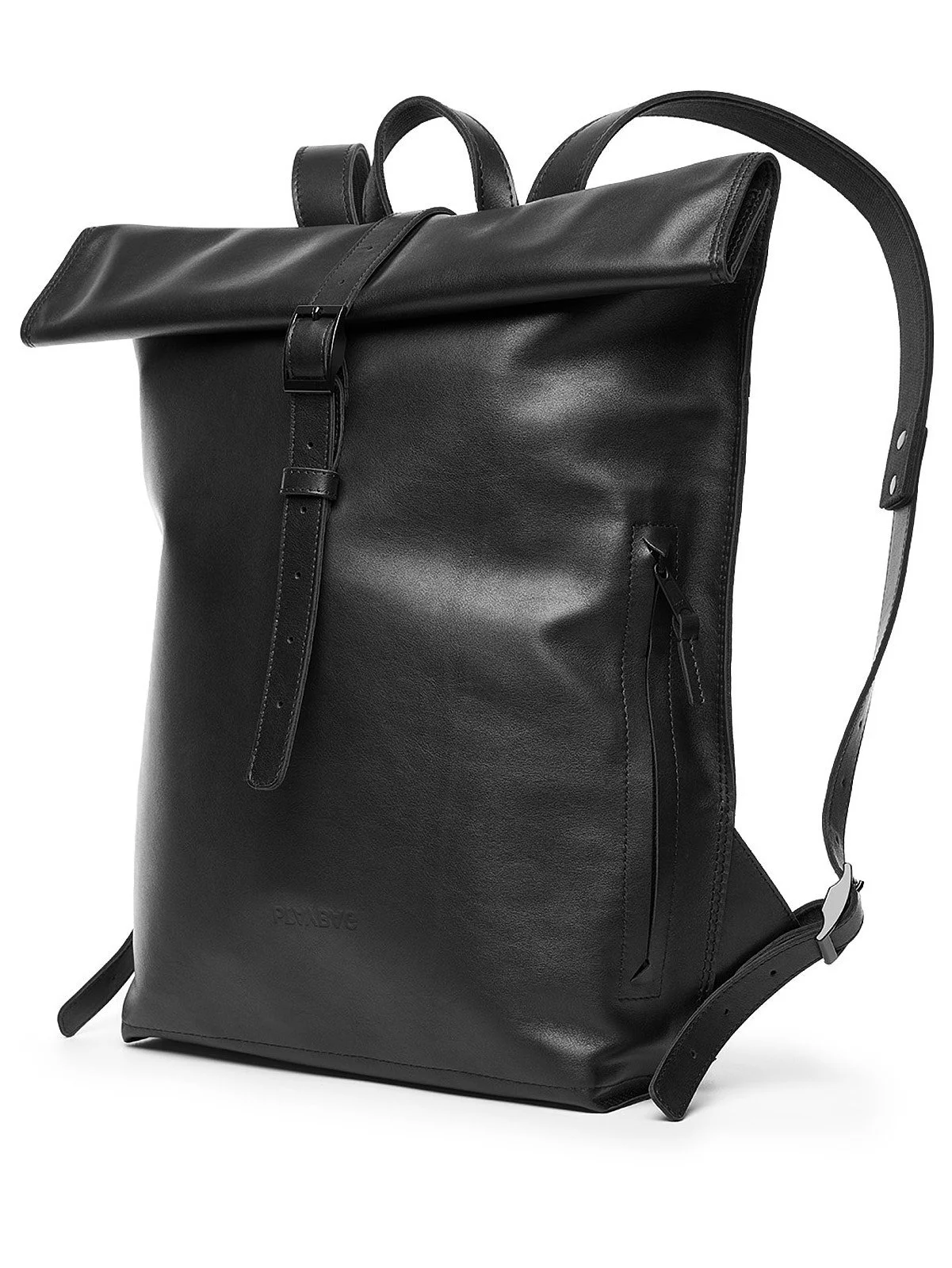Black leather backpack with roll-top closure, a side zipper pocket, and adjustable shoulder straps.