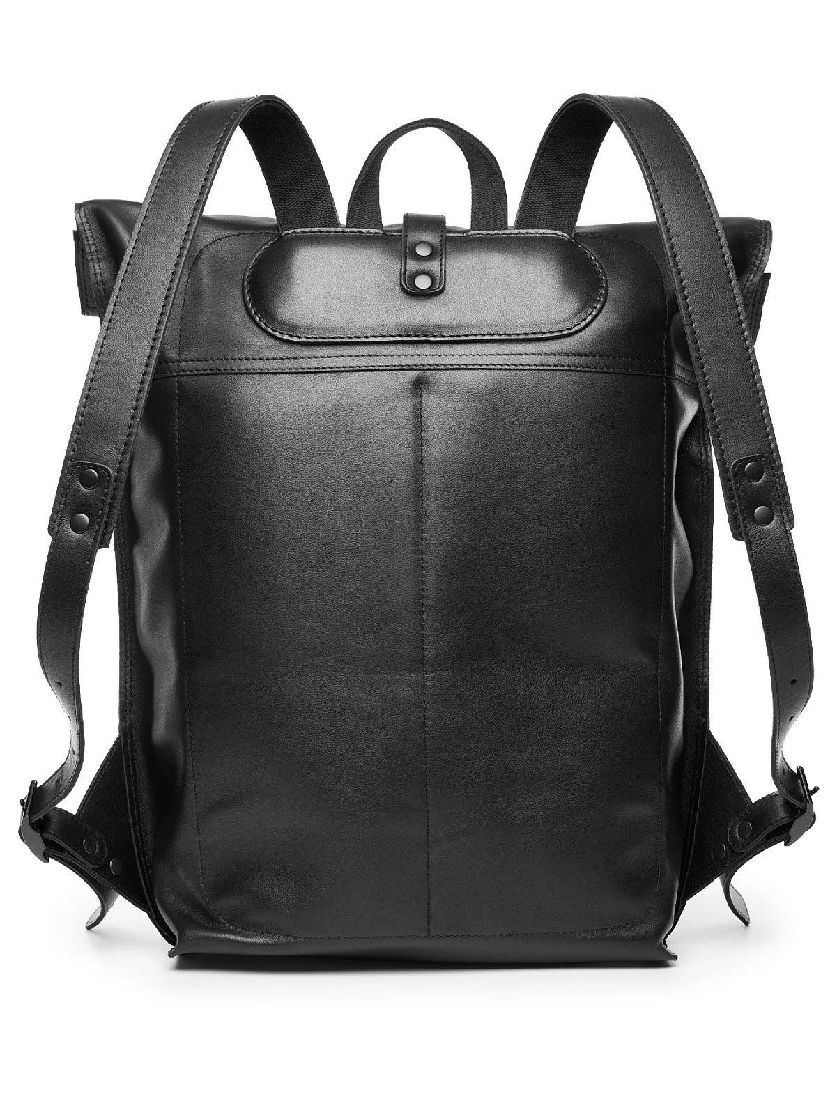 Black leather backpack with adjustable straps and a top handle, front view.