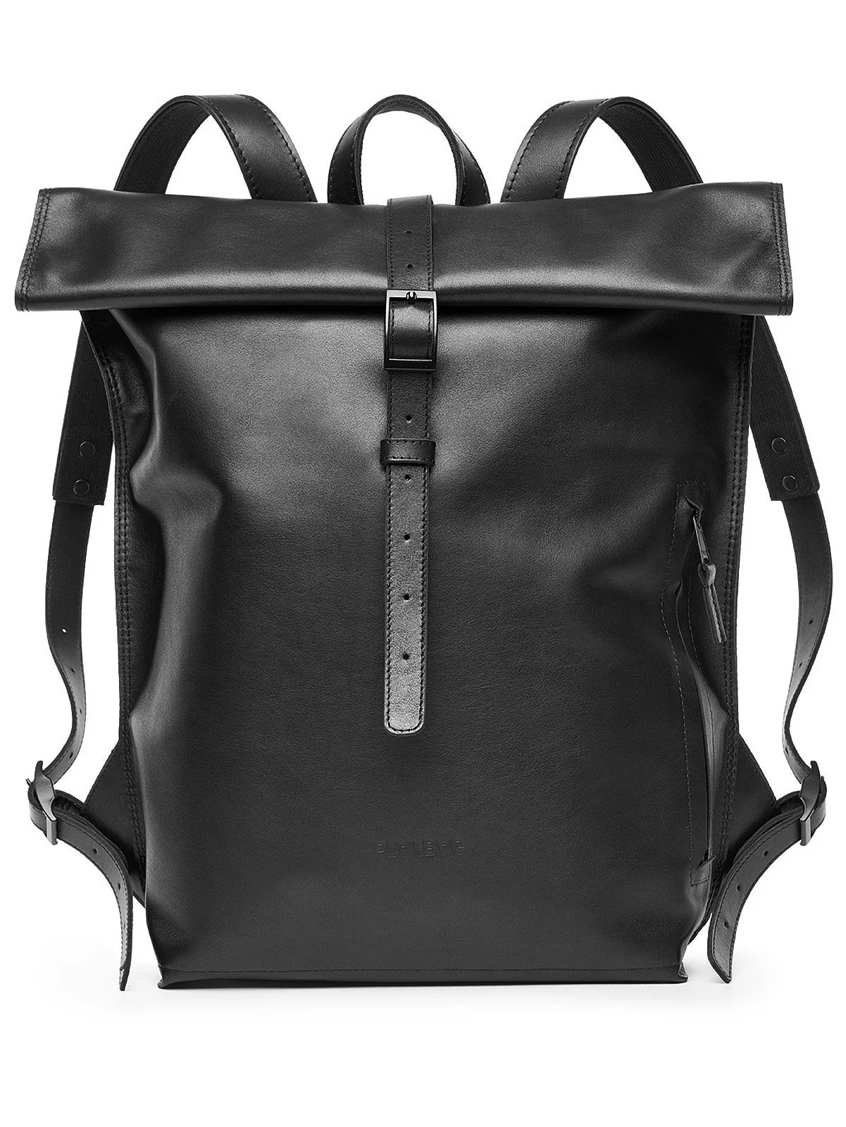 A black leather backpack with a rolled top, buckle closure, zipper pocket on the side, and adjustable straps.