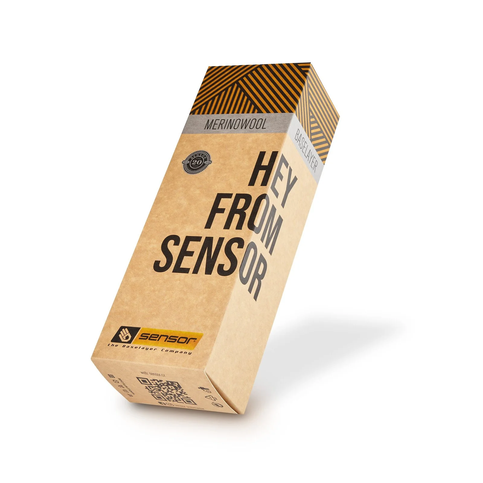 Cardboard box of sensor base layer Merino wool insoles, with black and orange branding, tilted on white background.