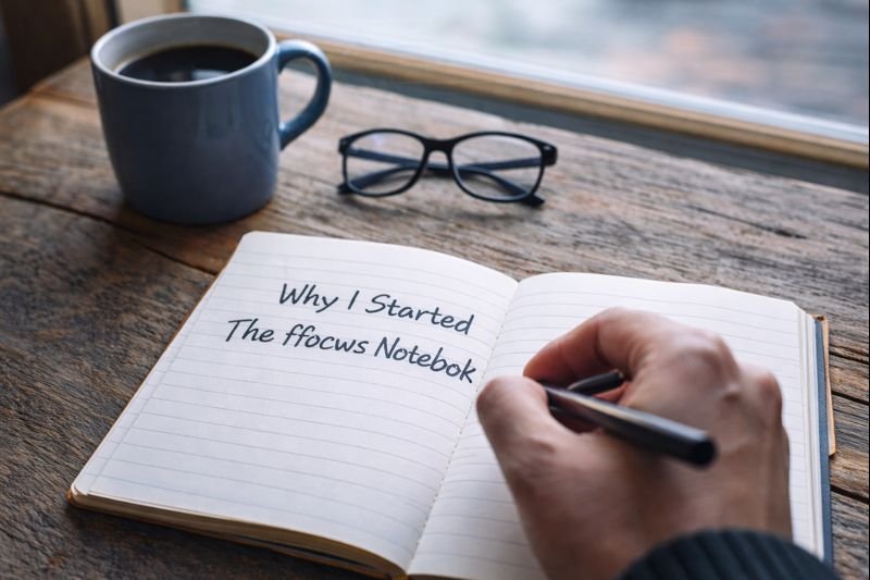 Open notebook with handwritten title “Why I Started The ffocws Notebook” beside coffee mug and glasses on a wooden desk.