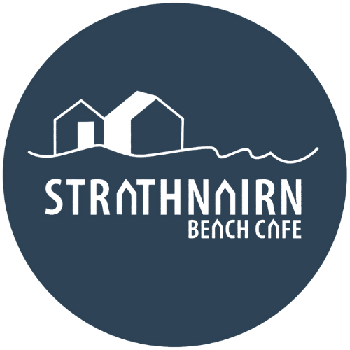 Logo for Strathnairn Beach Cafe featuring a graphic of two houses and a water line, with the cafe's name beneath.